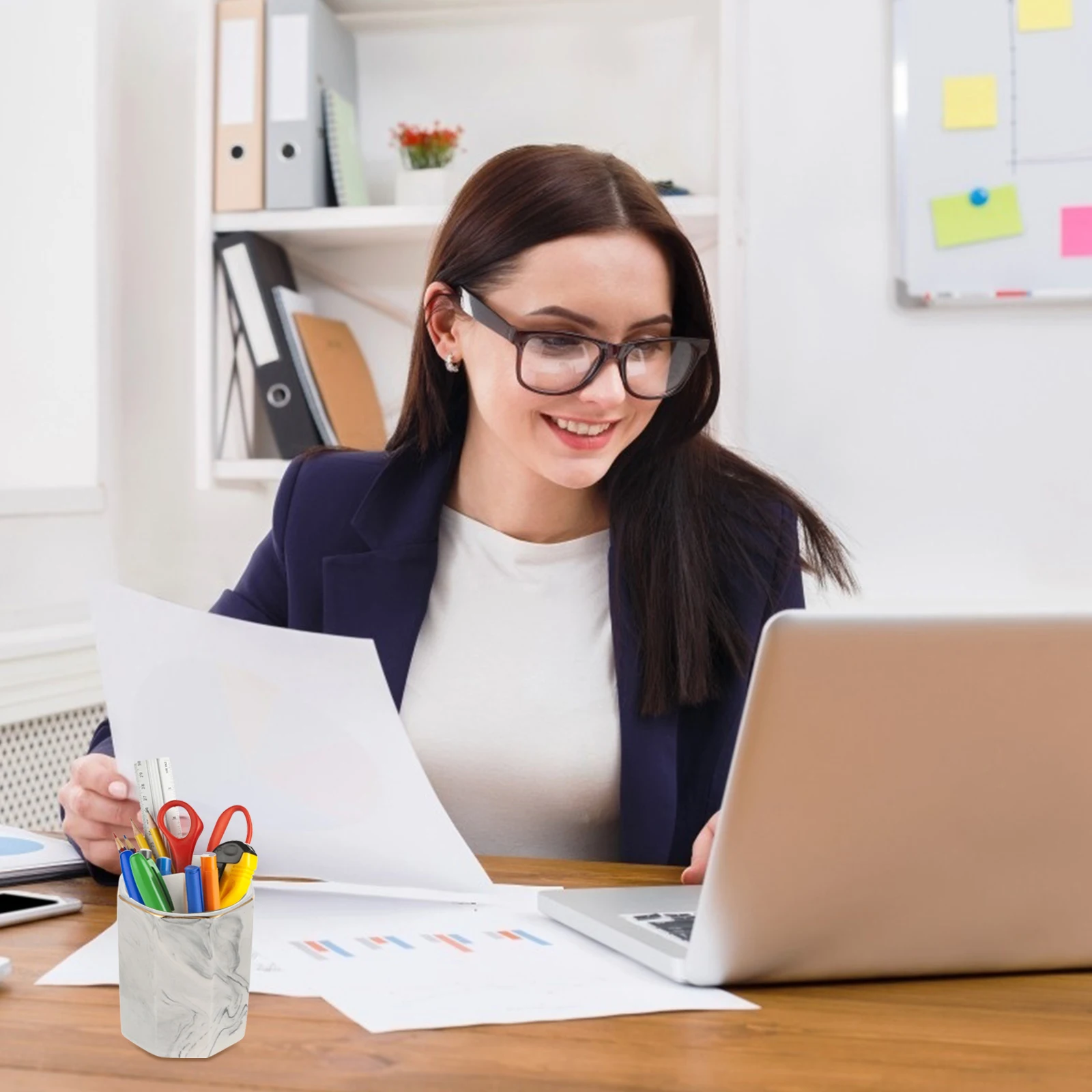 

Stylish Ceramic Makeup Storage Box Marble Design with Gold Accent Desktop Organizer for Cosmetics and Stationery Supplies
