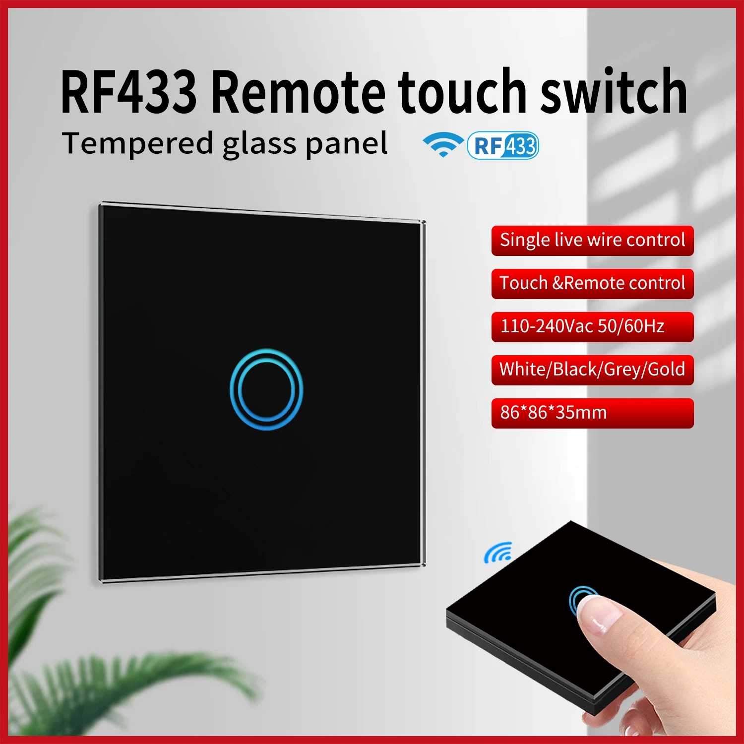 UBARO EU/UK 433Mhz Wireless Control Touch Switch Black Luxury Crystal Glass Panel Wall Light RF Remote Sensor Button Ac100-240V