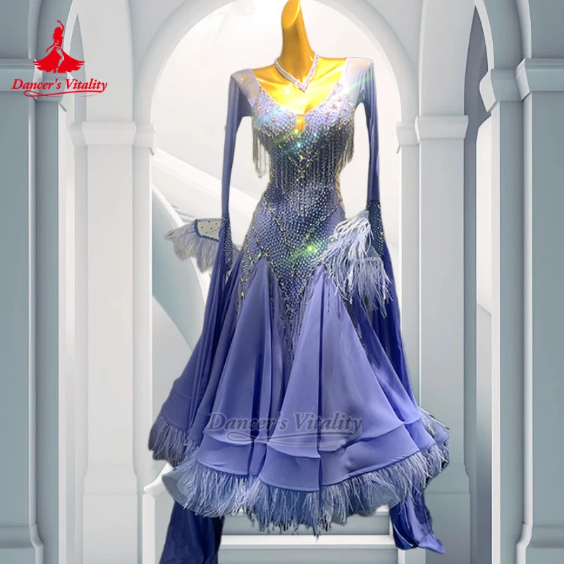 Adult Female Ballroom Dance Lavender Purple Wrapped Hips Dress Custom Feather Lower Hem Waltz Contest Clothing Dancer's Vitality
