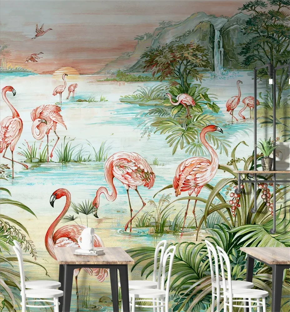 Southeast Asian tropical flamingo custom mural bedroom background wall French retro wallpaper Home decoration