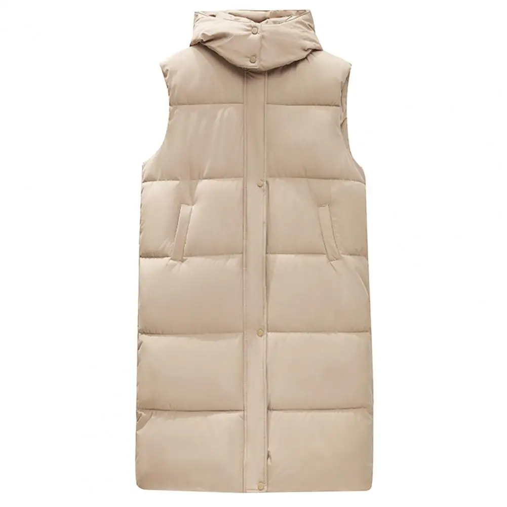 Pocket Decoration Vest Women's Windproof Hooded Cotton Padded Vest Coat Long Down Waistcoat Outwear for Autumn Winter Warm Snow