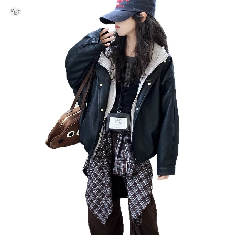 Girls' Jacket 2026 Autumn Outfit New Big Children's Retro Leather Children's Fake Two-piece Hooded Leather Jacket 5