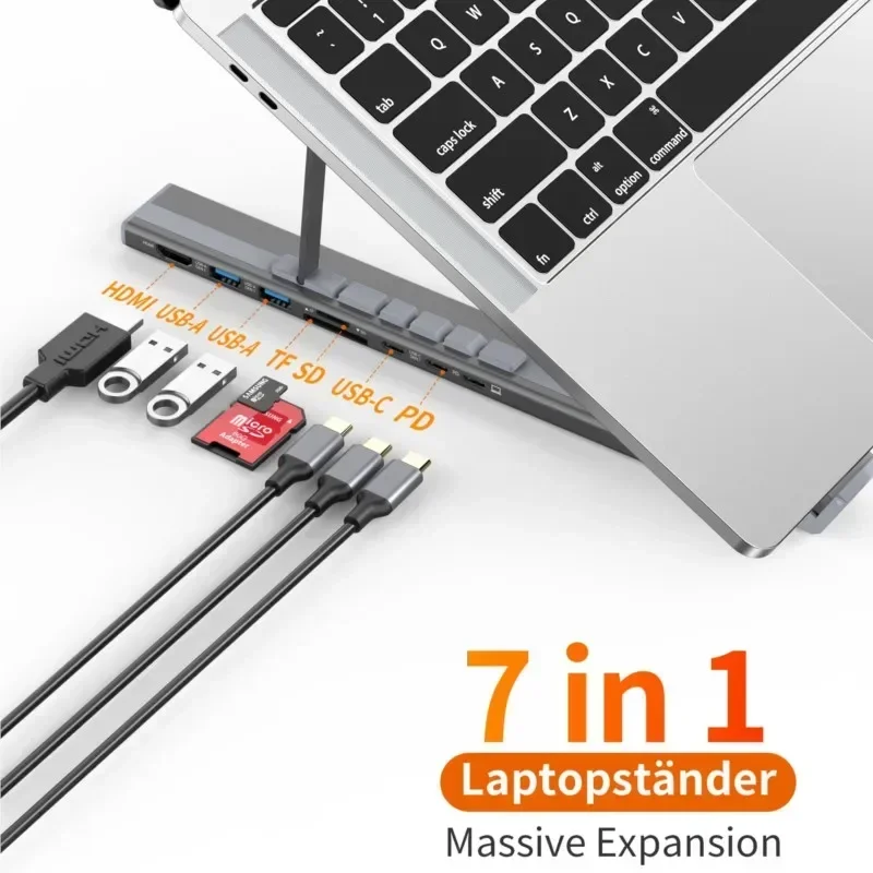 Soporte para ordenador portátil con USB C 3,1 HUB USB 3,0 7 en 1 4K HDMI SD lector de tarjetas TF portátil ajustable para Macbook Notebook de