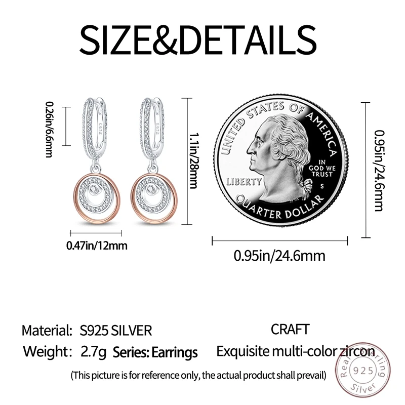 925 Sterling Silver Ear Pin Simple Round Rose Hoop Earrings Fashionable Zircon Buckle Wedding Ladies Jewelry Gift