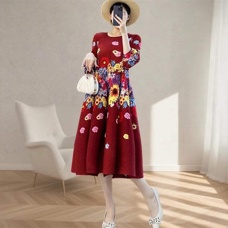 

Miyake французское платье с длинными рукавами и принтом, осеннее новое женское банкетное платье, бордовое длинное простое темпераментное платье с принтом