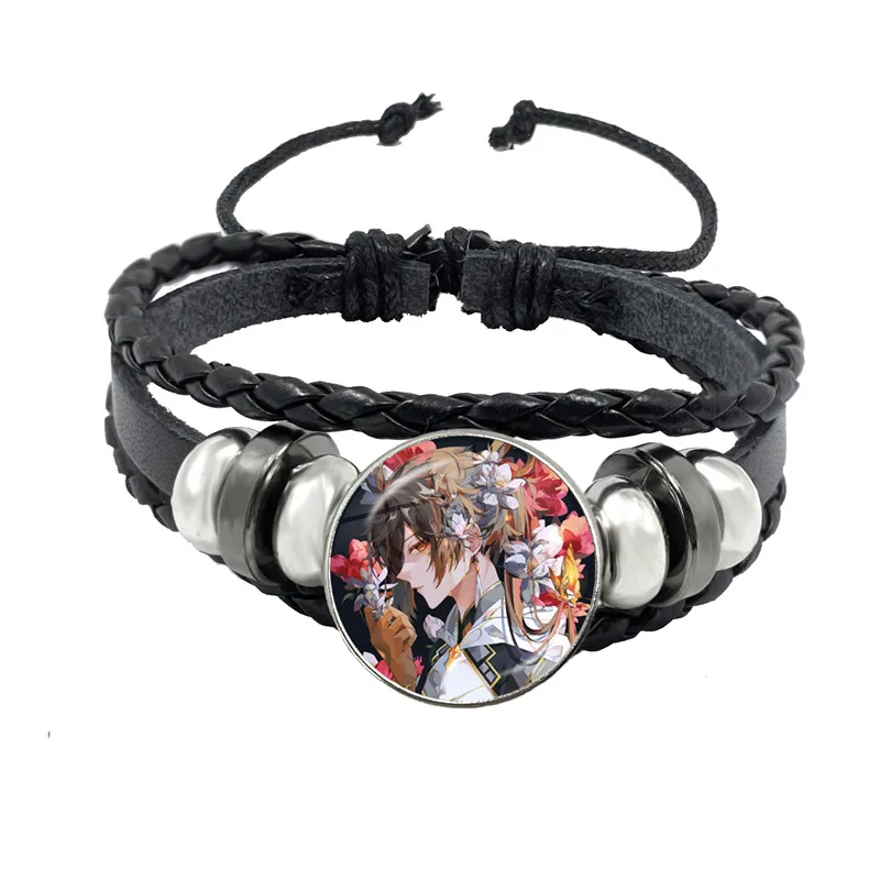 Game Genshin Impact Cosplay Prop Snap Button Bracelet Women Men Anime Jewelry Handmade Multilayer Black Punk Bangle Gift