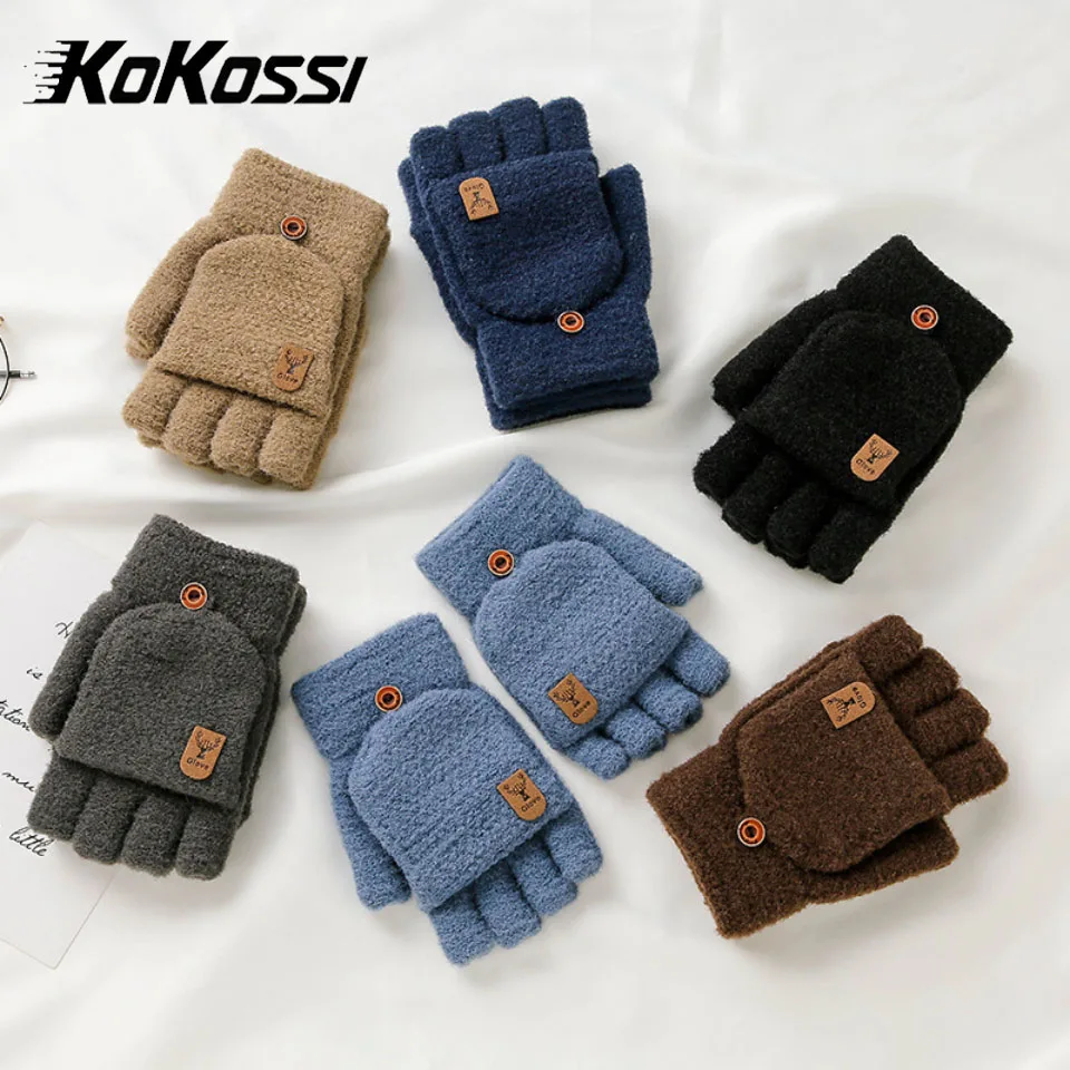 KoKossi Men's Women's Winter Coldproof Gloves Warm Dual Use Student Half Finger Flip Knitted Gloves Fleece-lined Thickened