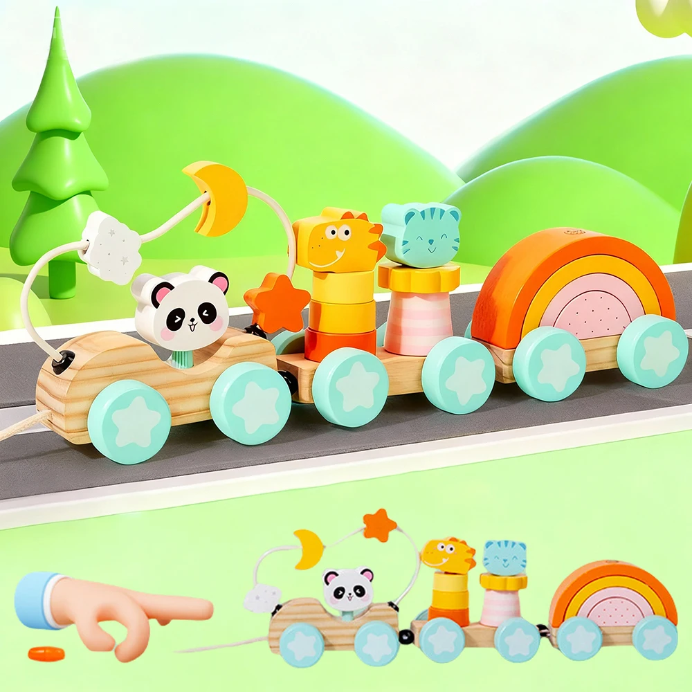

Деревянные игрушки-поезд Монтессори, обучающая игрушка для развития, сортировка, штабелируемый блок, лабиринт из бисера, игрушка-поезд с животными для малышей