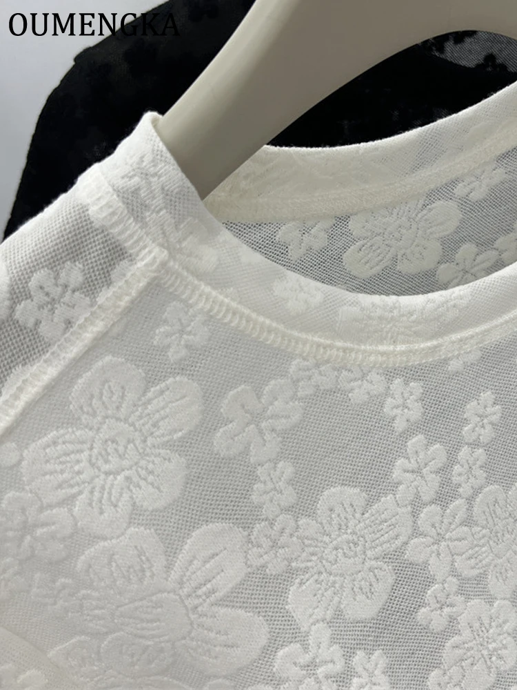 Ouwengka renda oco para fora tripulação t camisas sólido elegante casual flor bordado manga curta topos feminino coreia verão camisetas básicas