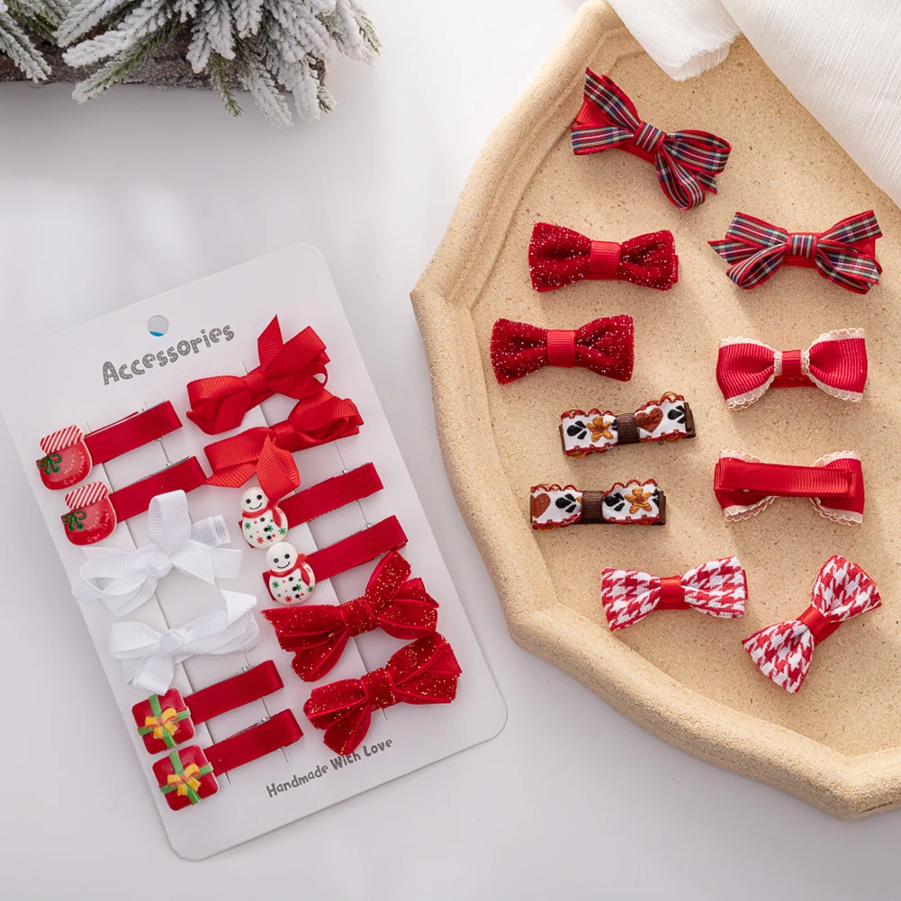 10Pcs/Lot Christmas Baby Girls Hair Clips Ribbon Santa Claus Gift Socks Tree Resin Hair Bows Xmas Dance Party Hairpins Hairgrips