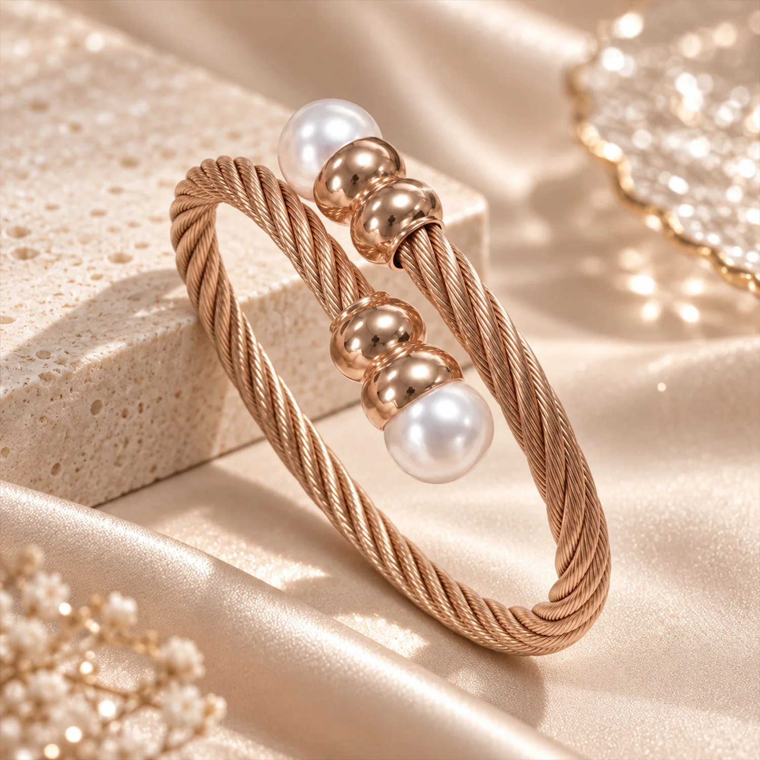 Twisted Cable Open Cuff Bangle for Women Two End Pearl Decor Wide Statement Bangle Fashion Adjustable Opening Wrist Jewelry Dail