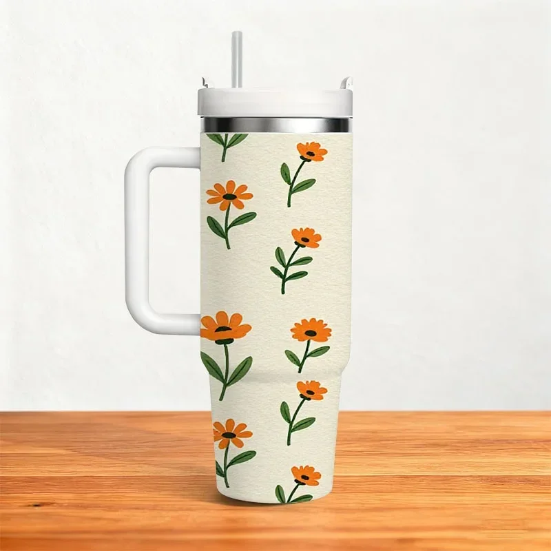 Stainless Steel 40oz Insulated Tumbler with Digital Printed Playful Orange Floral Pattern, Reusable Warm & Cold Drink Cup for Daily Commute, Office, Outdoor Picnics & Everyday Beverage Use