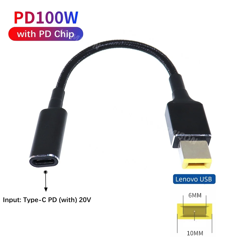 100W USB Type C Female to Square Plug Converter USB-C Fast Charging Cable Laptop Dc Power Adapter Connector for Lenovo Thinkpad
