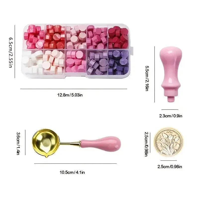 200 Stück Tulpen-Siegelwachs-Stempelset, 1 Siegelwachs-Stempelkopf aus Messing, 200 Stück Siegelwachsperlen, 1 Rosa Wachsschaber, 1 Rosa Holzgriff – Detail 2