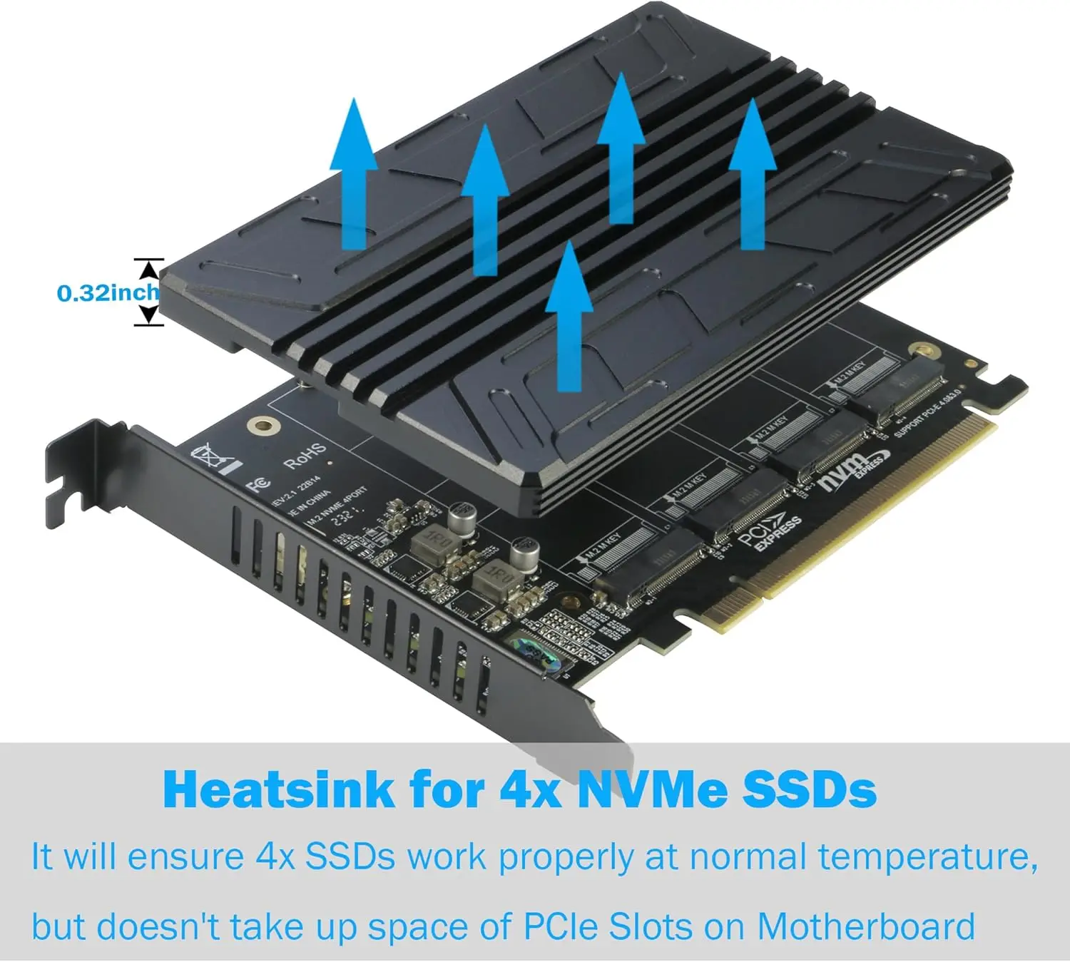 Quad NVMe PCIe Adapter, RIITOP 4-Port NVMe to PCI-e 4.0/3.0 x16 Expand Controller Card with Heatsink for M.2 NVMe SSD