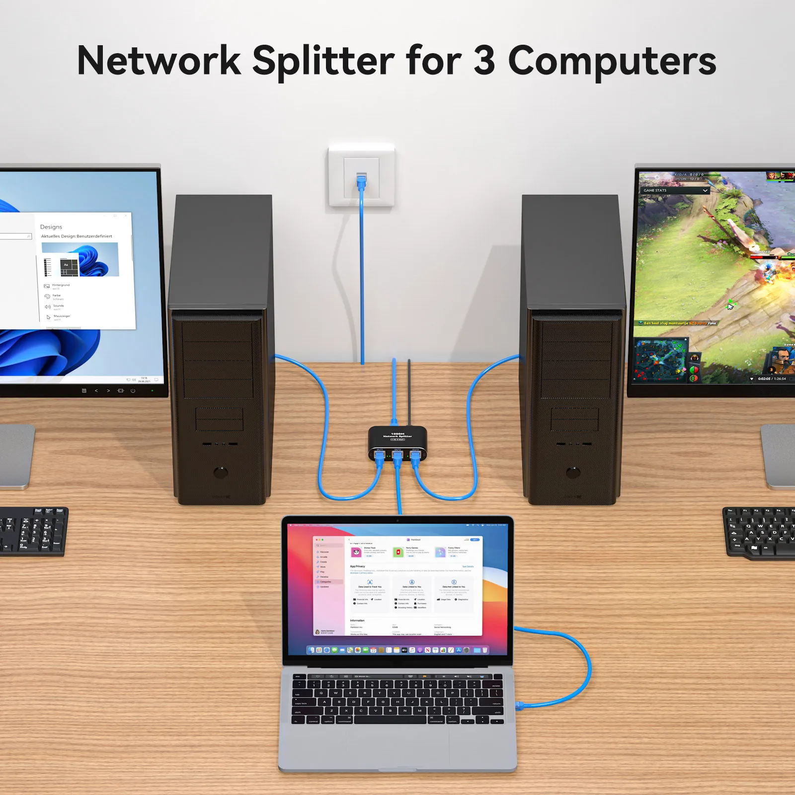 Ethernet Splitter 1 to 3 High Speed LAN Splitter 1000Mbps Gigabit RJ45 Ethernet Switch with USB C Power Cable for Cat5/5e/6/7/8