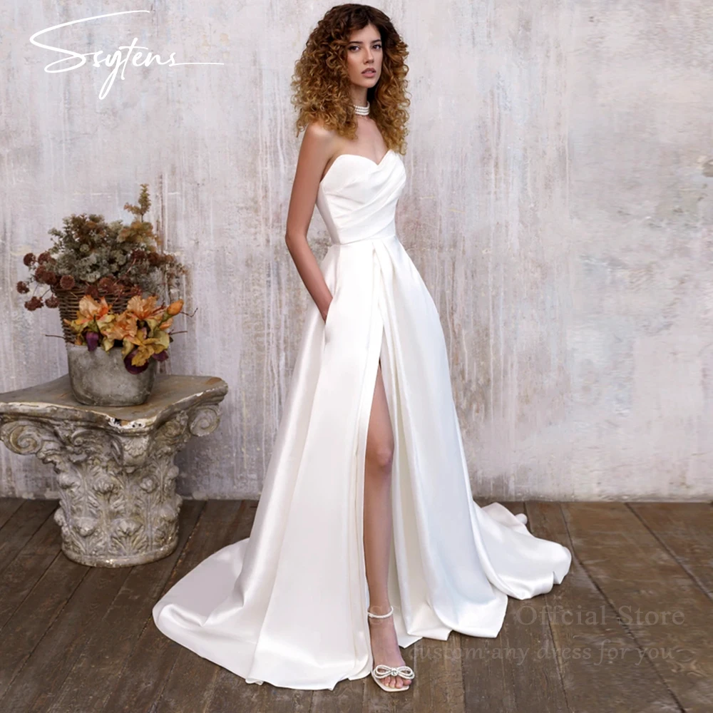 

Sweetheart Satin Wedding Dresses Split A-Line Bride Dress Floor Length White Elegant Sweep Train Sleeveless Button Bridal Gowns