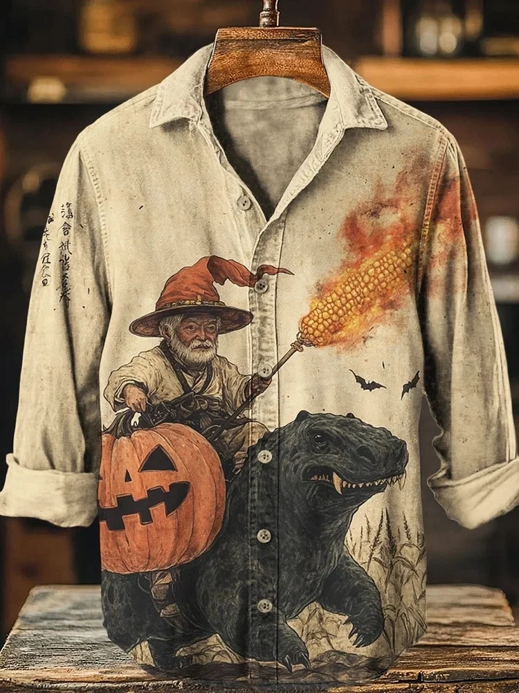 

Men'S Autumn Harvest The Old Man Holding Pumpkin And Corn Print Long Sleeve Shirt Halloween Festival High-End Art Thin Tops