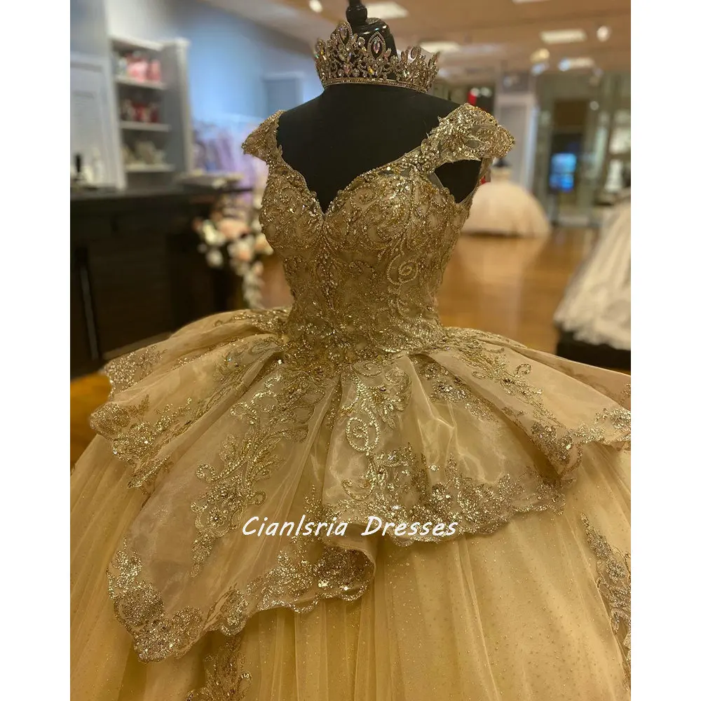 Vestido de quinceañera con volantes y hombros descubiertos, traje de baile de quinceañera con apliques de cristal, corsé de encaje con lentejuelas, ropa de fiesta dulce 15