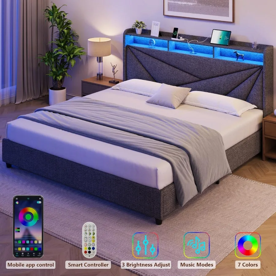 إطار سرير بحجم كينج مع إطار سرير كينج منجد مع قاعدة شحن وأضواء LED اللوح الأمامي بدون صندوق زنبركي N