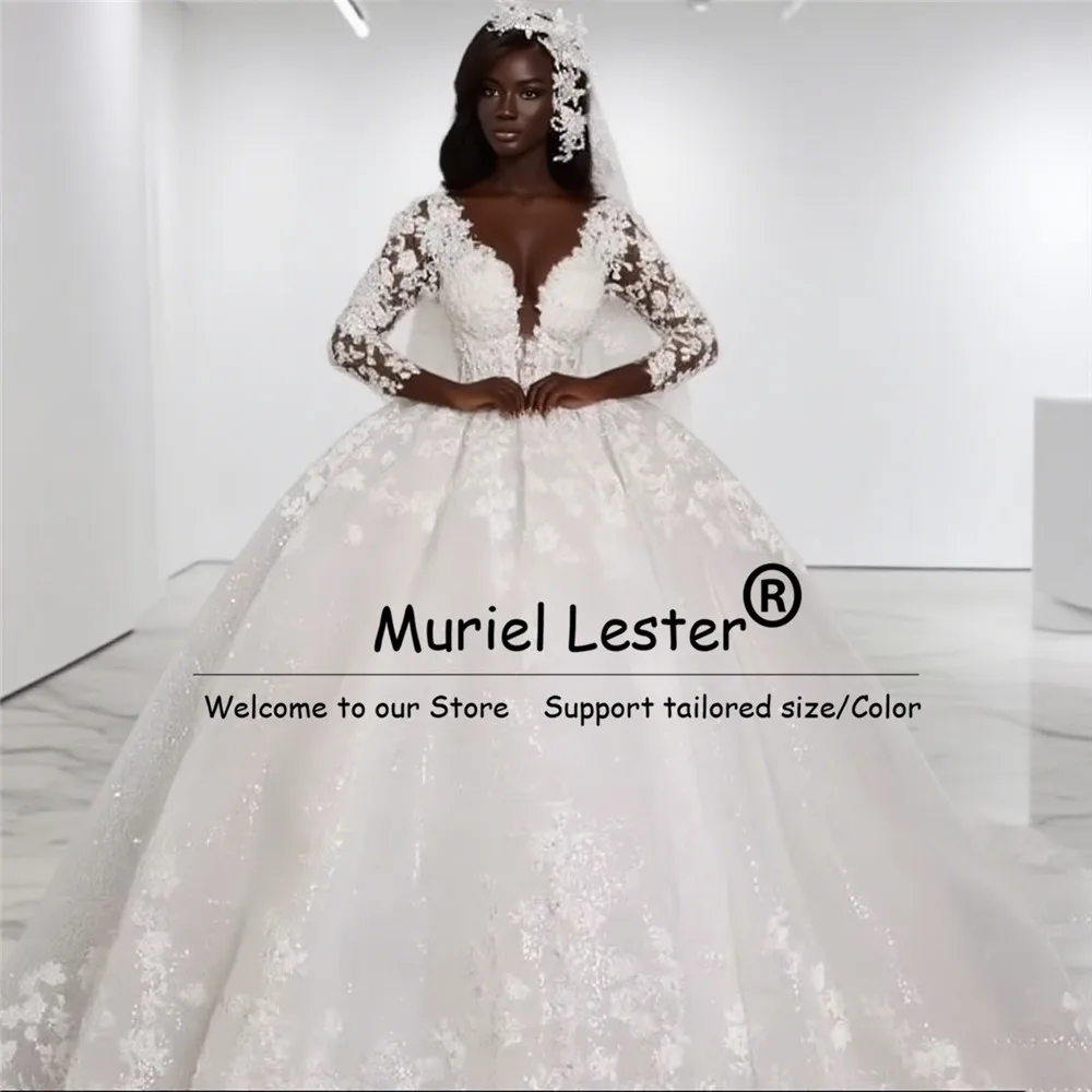 Błyszczące suknie ślubne z tiulu i koronki z aplikacjami dla czarnoskórych dziewcząt, szyte na miarę, z długimi rękawami, suknie balowe, luksusowe suknie ślubne z koralikami.