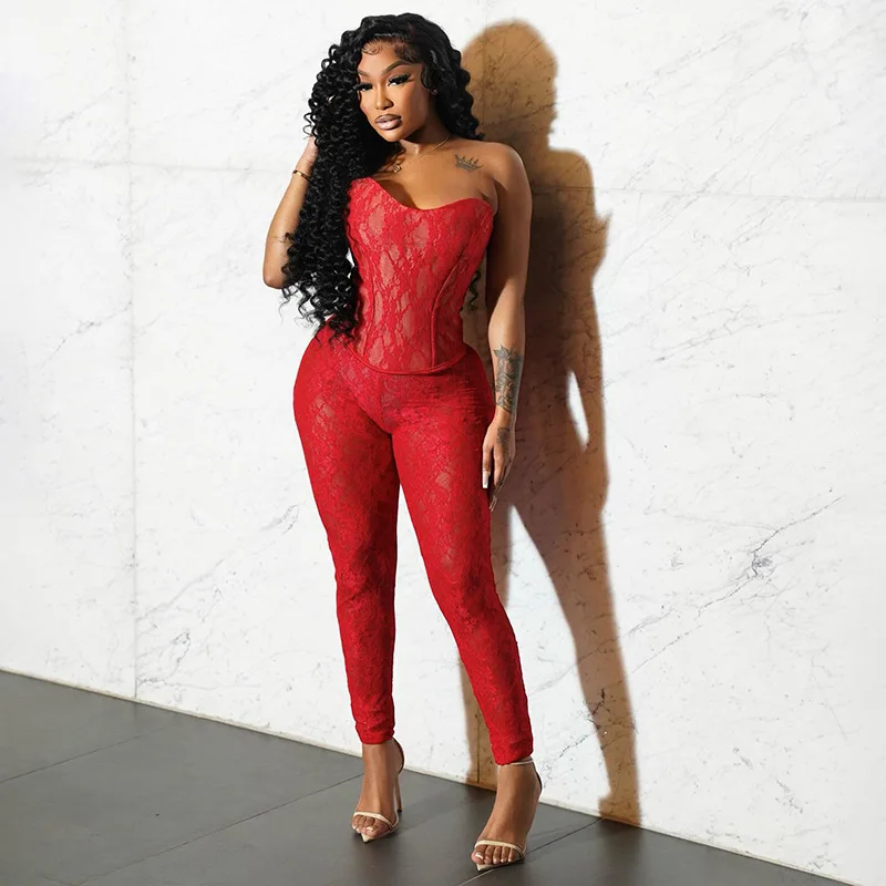 

2025 lace perspective breast wrap top lifting hip casual pants two-piece set of elegant party dress club clothing