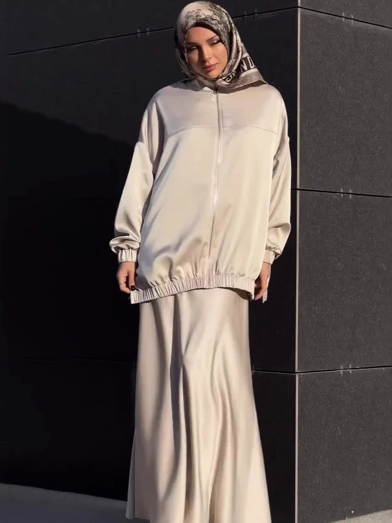 ชุดมุสลิมซาติน 2 ชิ้นชุดสตรี Abaya Musulman Ensembles อาหรับยาว Robe ดูไบ Kaftan Vestidos Jalabiya Ramadan Eid