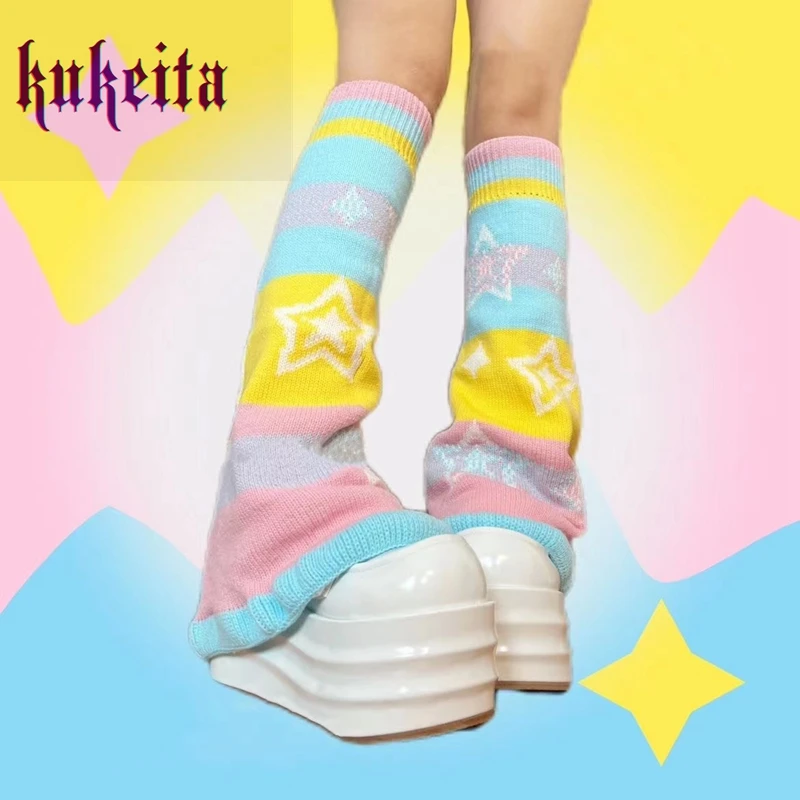 Kukeita Harajuku Candy Color Striped Star Leg Warmer Socks Y2K Girls Japanese Kawaii Knitted Leg Cover Streetwear