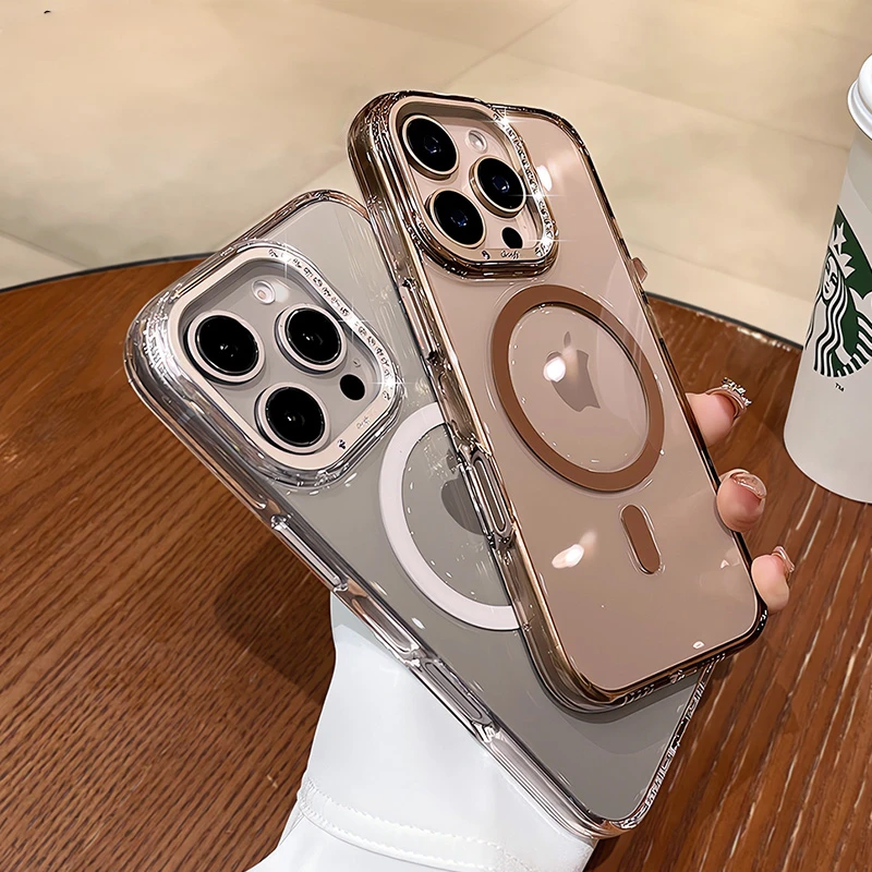 حافظة لهاتف آيفون 16 برو ماكس ذهبية شفافة Magsafe لهاتف آيفون 16 بلس 15 برو ماكس بلينغ الماس حماية العدسة غطاء مقاوم للصدمات