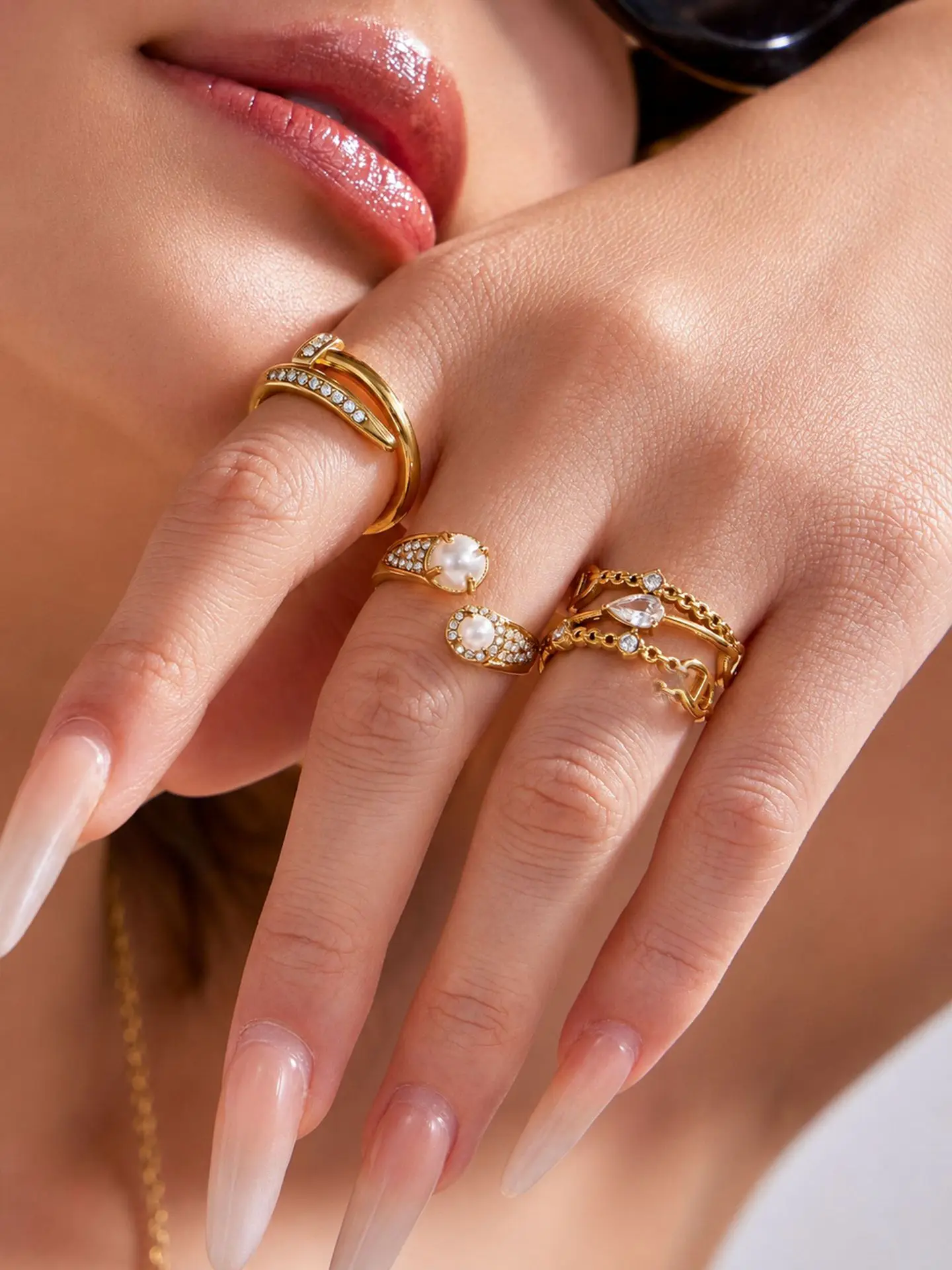 316L Edelstahlring, mehrlagig, mit Perlen und Zirkonia, tropfenförmig, offener Ring, 18 Karat vergoldet, schick, modern, zarter Schmuck für Damen – Detail 3