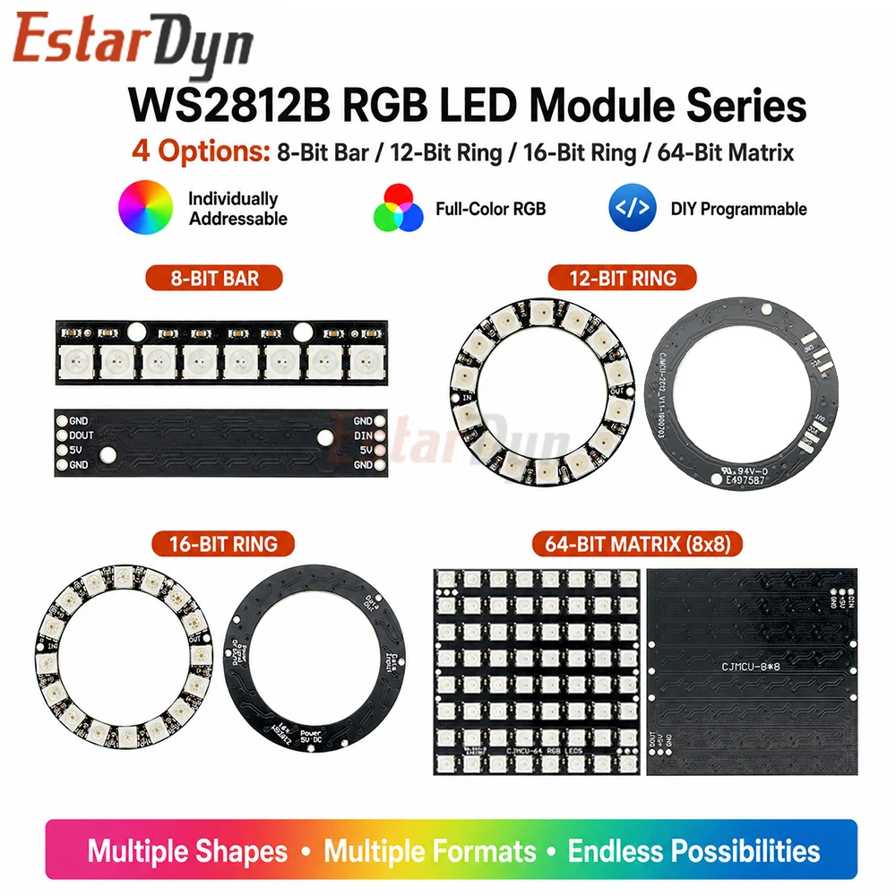 Estardyn WS2812/SK6812 Addressable 5050 RGB LED Round Ring Module 8/12/16/64 LEDs Built-in Driver for DIY Lighting Projects