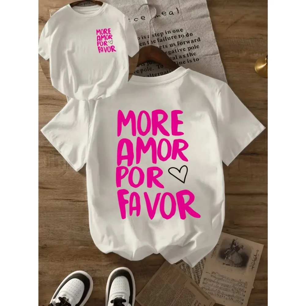 Women's T-shirt More Amor Por Favor Heart Checkerboard Print Casual Loose T Shirt Streetwear Daily Wear Durable Casual T Shirt