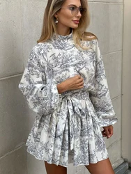 Mumaroho 2024 Winter Spring Women Chic France Mini Dress Floral Printed Long Sleeve O-neck A-Line Flare Short Dress Female