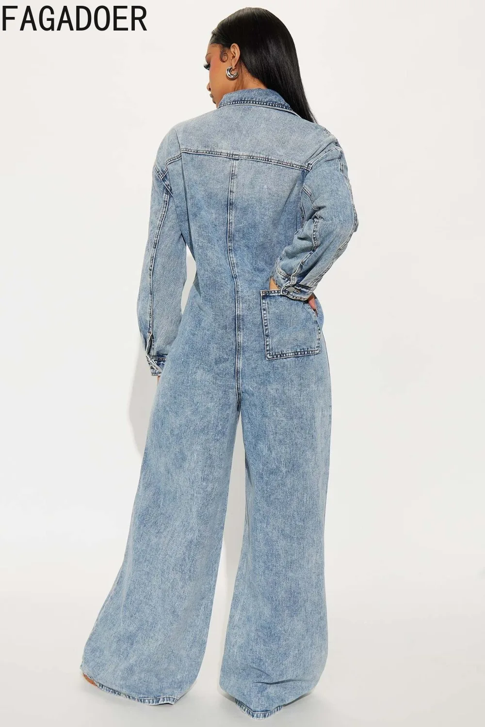 بدلة قفز عصرية من قماش الدنيم الأزرق من FAGADOER للنساء بلون واحد وأكمام طويلة ملابس خروج نسائية جديدة #3