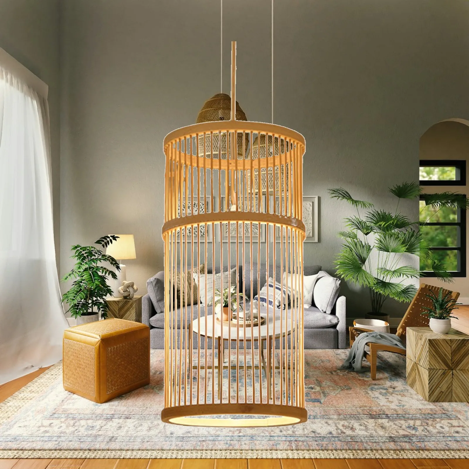 Boho Bamboo Lampshade Chandelier Cover Pendant Light for Kitchen Cafe Bar Restaurant Island Decor