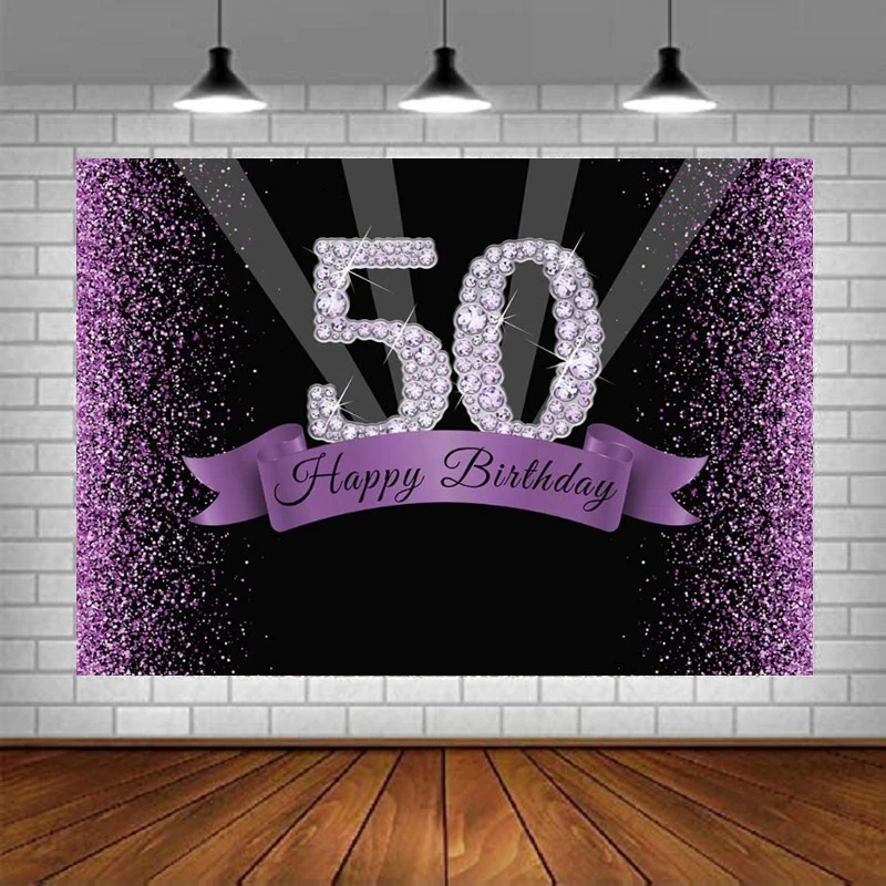 

50th Birthday Party Photography Backdrop Banner for Women Men Purple Happy Glitter For Background Diamond Decorations