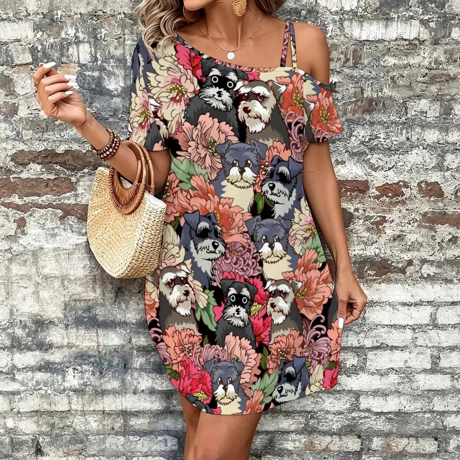 BECAUSE SCHNAUZERS Women's Slanted Shoulder Single Strap Short-Sleeved Dress