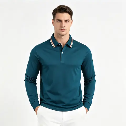 Men Long Sleeve Polo Shirt Striped Contrast Collar 5 Colors Available Business Casual Lapel Button Golf Tops