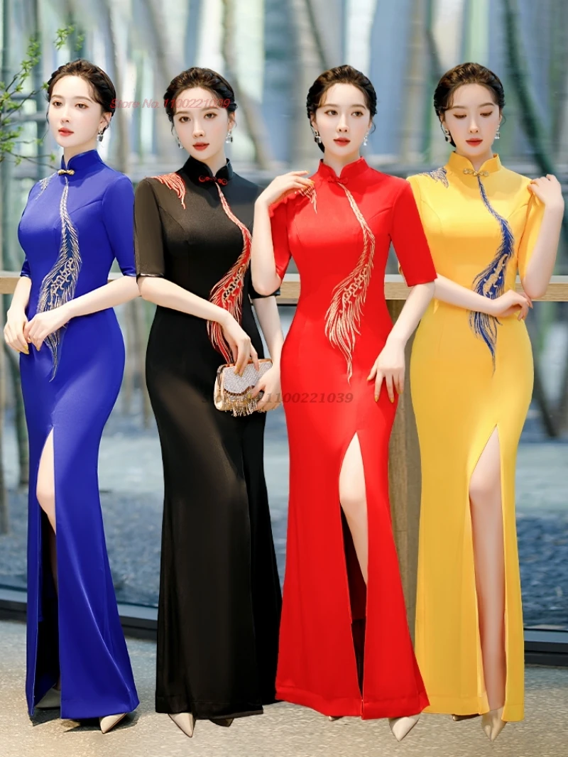 

2025 chinese vintage dress improved cheongsam national flower embroidery evening banquet dress oriental formal fishtail qipao