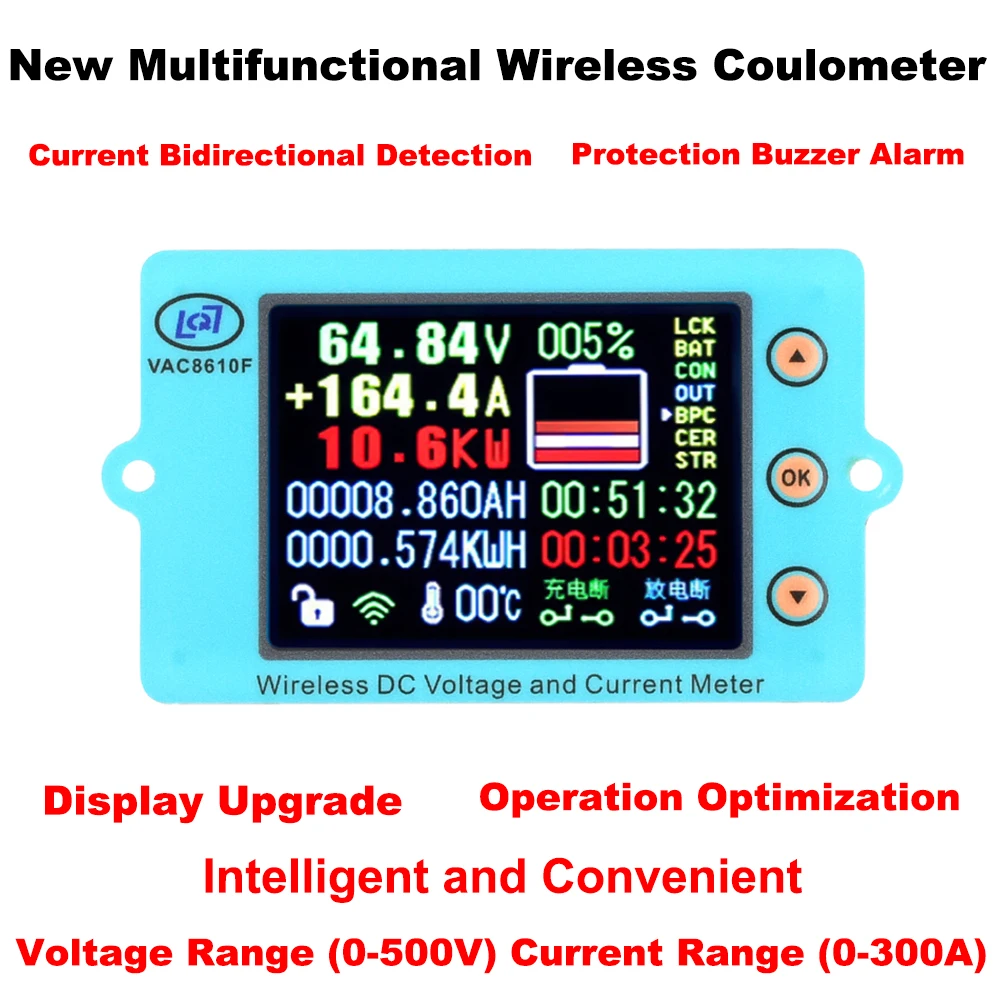 2.4 Inch DC 500V/100V  Wireless Voltage Meter Ammeter Solar Battery Charging Coulometer Capacity Power Detector Tester 50A 300A