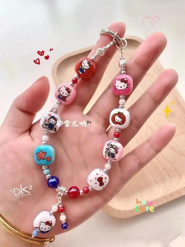 

Sanrio Hello Kitty Colorful Small Sugar Cube Ceramic Mixed Beads Phone Chain Backpack Keychain Decoration Girl's Birthday Gift
