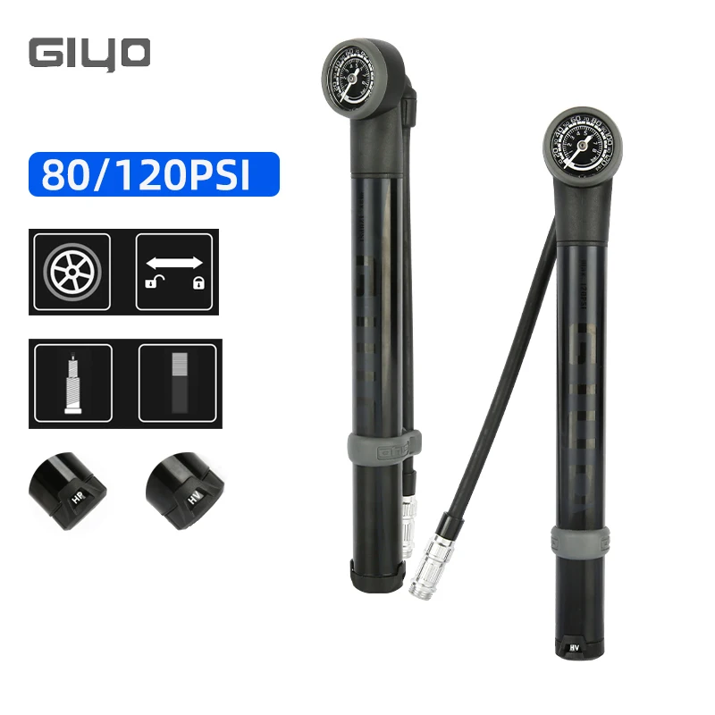 GIYO 120psi MTB Bicycle Pump Road Bike Tire Inflator HP/HV Model Inflate Schrader Presta Valve Convertible Hand Pump with Guage