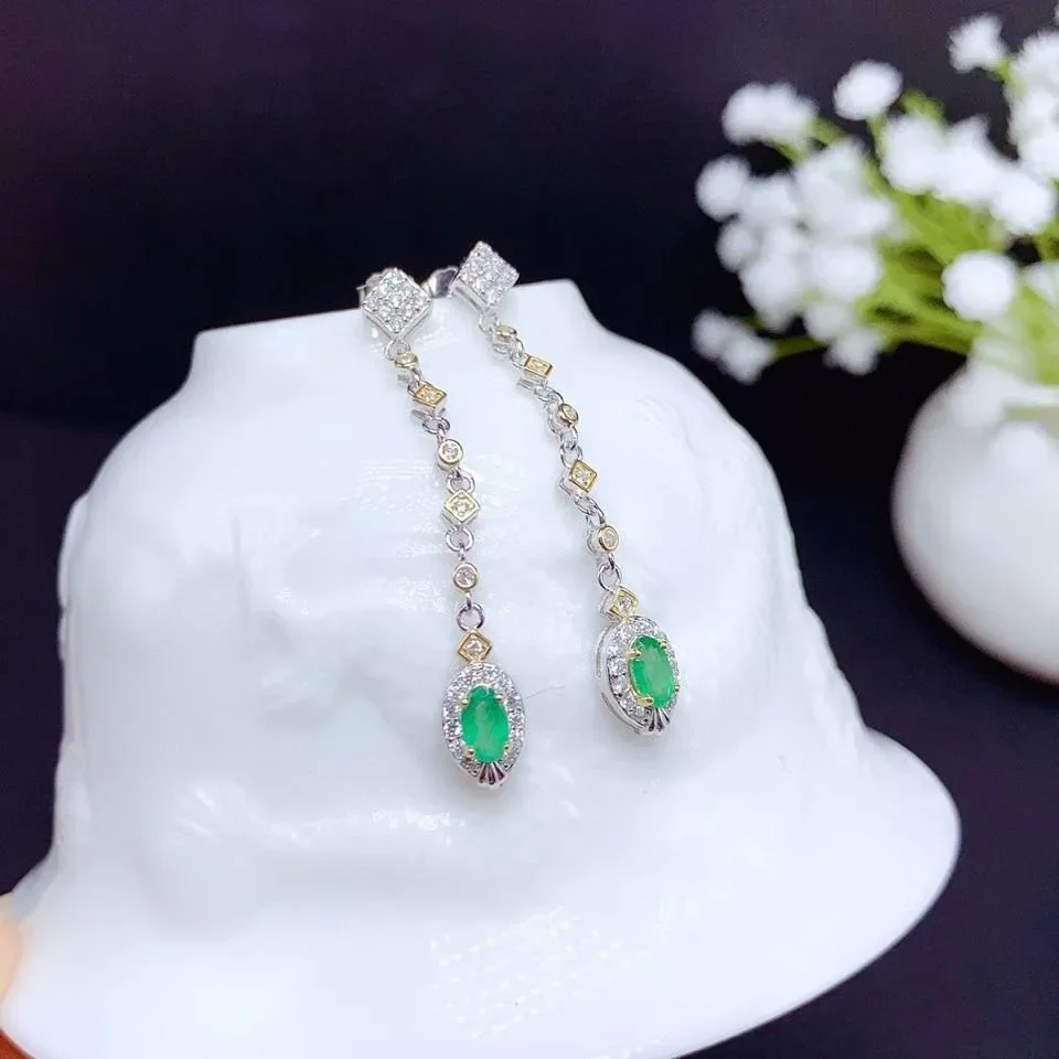 Natural emerald earrings 925 silver two-color electroplating process women's party wedding jewelry