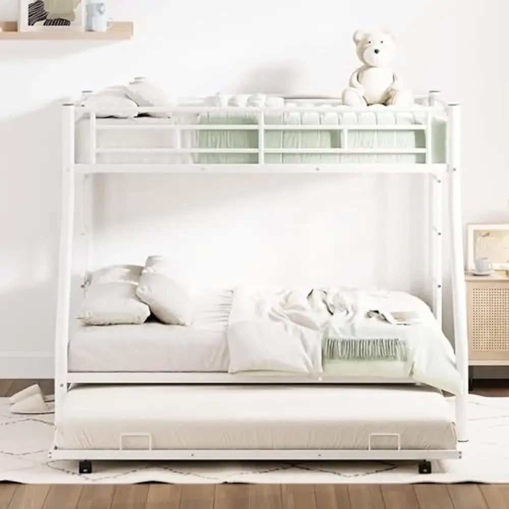 Triple Bunk Beds Twin Full Size Sturdy Steel Frame 2 Ladders Safety Wheeled White 78.1"L x 96.8"W x 63"H image 4
