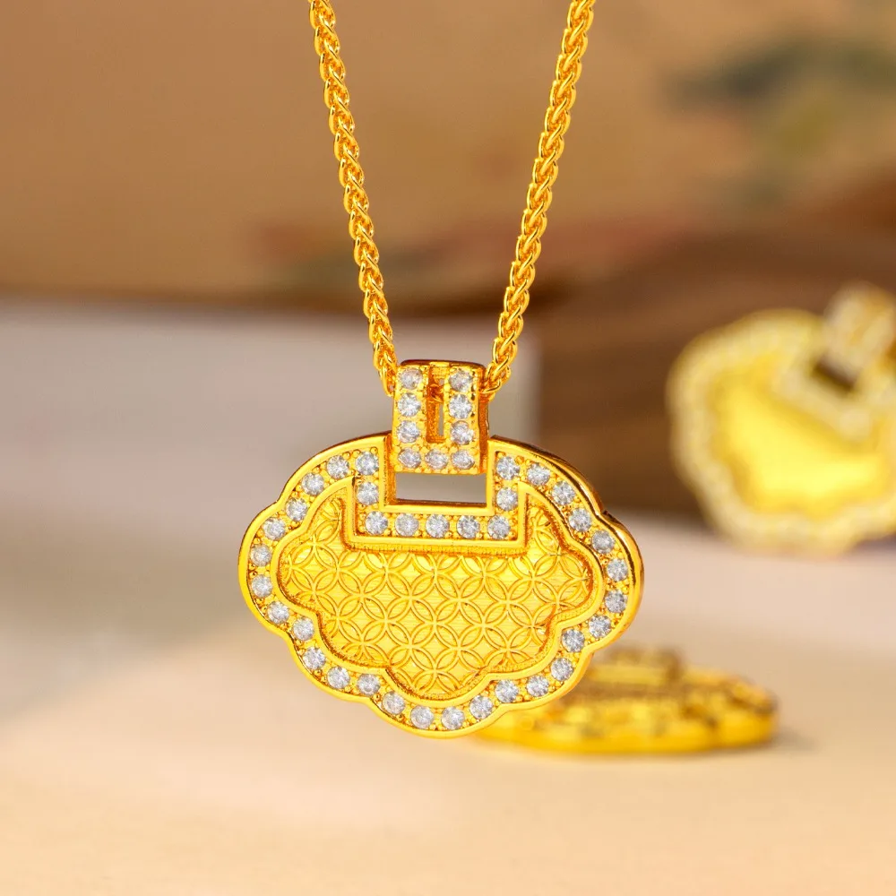 Inset copper coin long life lock pendant retro palace style collarbone chain accessories 9999gold