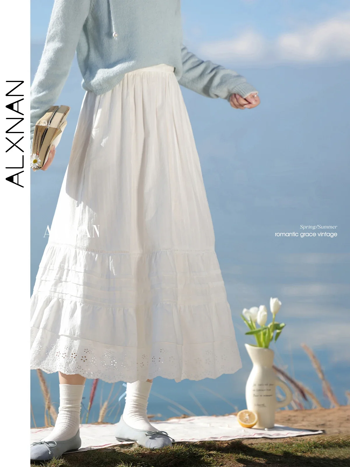 ALXNAN レディース ホワイト スカート レーストリム 軽量 レイヤード Aライン スカート エレガンス ロマンチック 旅行 通勤 女性スカート L52990