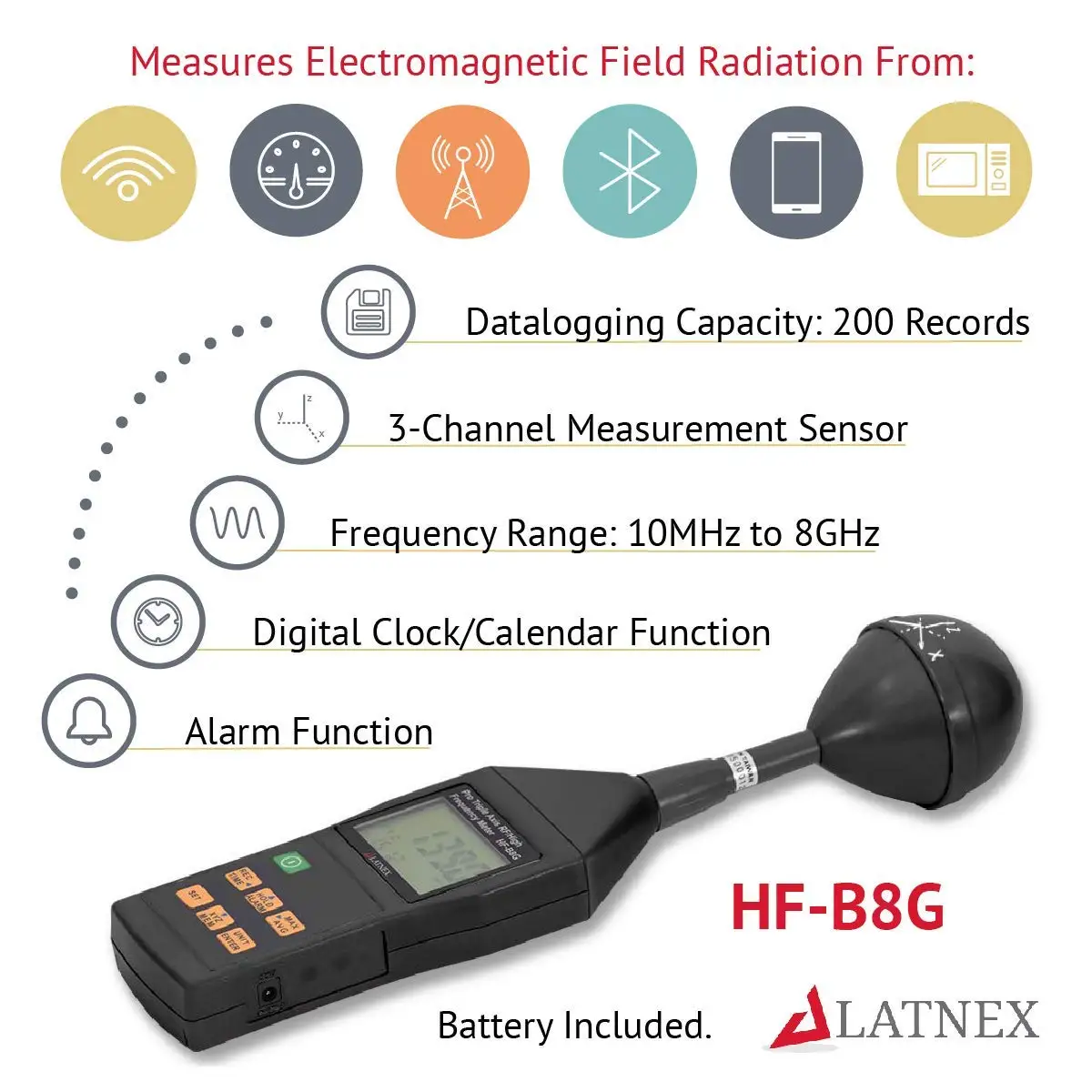 Meter HF-B8G High Frequency 10Mhz-8Ghz. Measures Wide-Range Electromagnetic Radiation from Cell Towers-Smart Meters-Wi-Fi-Cordle