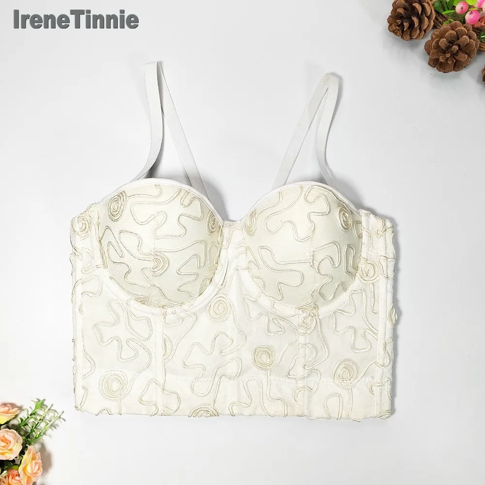 

SXTHAENOO 2023 Retro Maze Curve Camisole Women Embroidery Push Up Bustier Bra Sexy Backless Cropped Tops Nightclub Party Summer