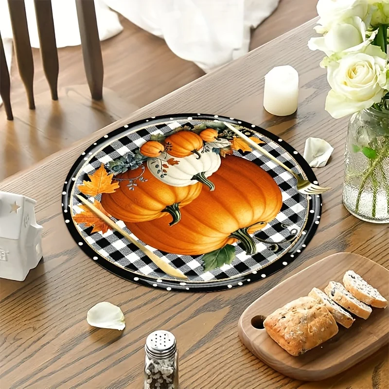 VIKAMA Round Fall Placemats Pumpkin Plaid Linen Mats Non-Slip Heat Resistant for Autumn Thanksgiving Farmhouse Table Decor