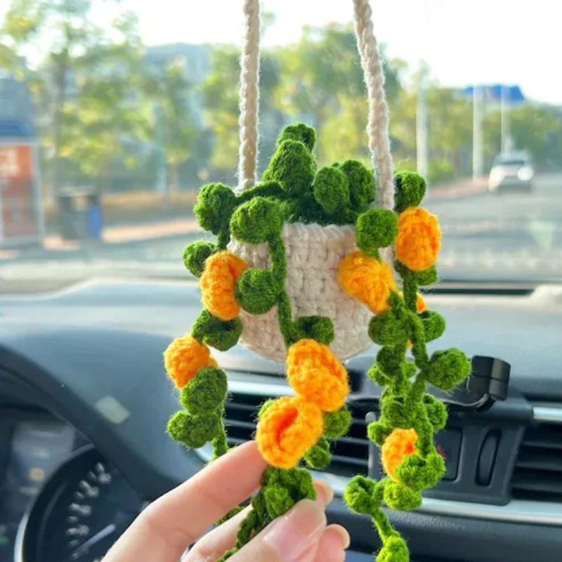 Handmade Hand Knitted Car Decor Car Basket Hanging Crochet Potted Pendant Car Potted Plants Pendant Plant Crochet Pendant